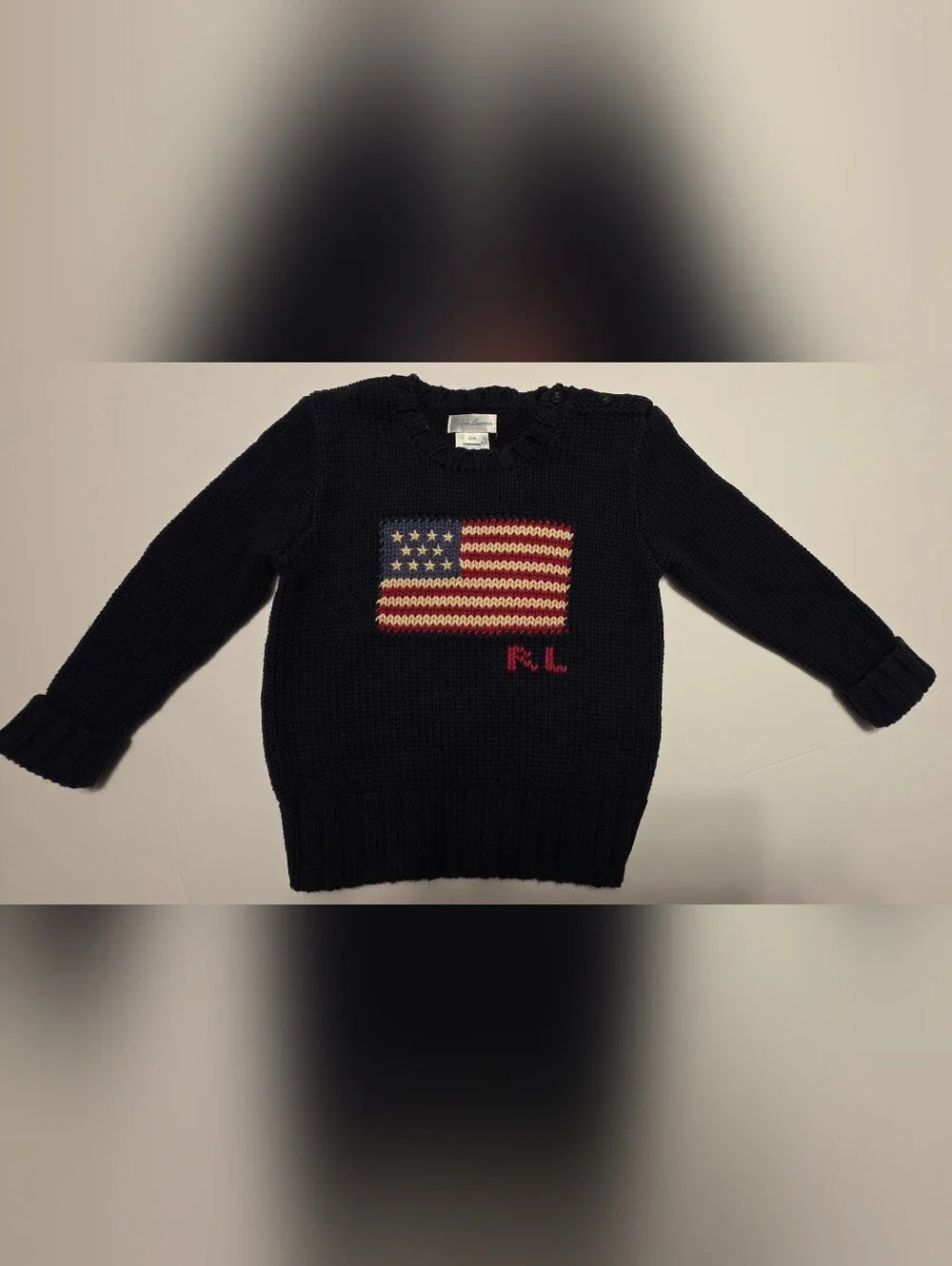 Ralph Lauren Black Knit Crewneck Sweater with Flag Embroidery